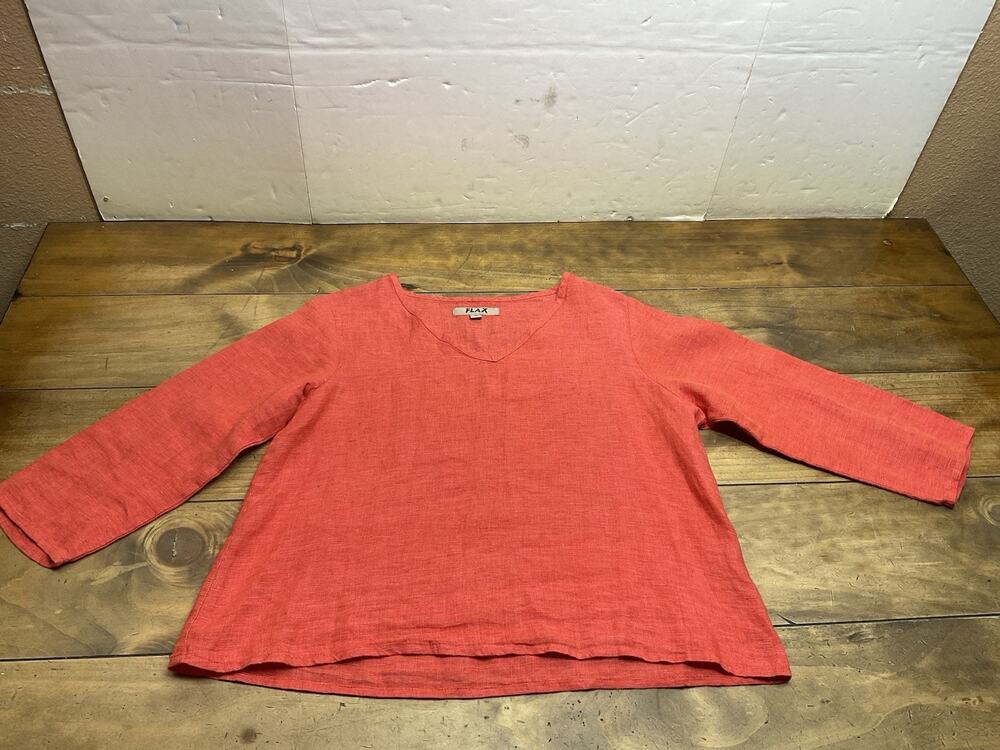 Flax Linen Red 3/4 Sleeve Pocket Womens Blouse Size Small